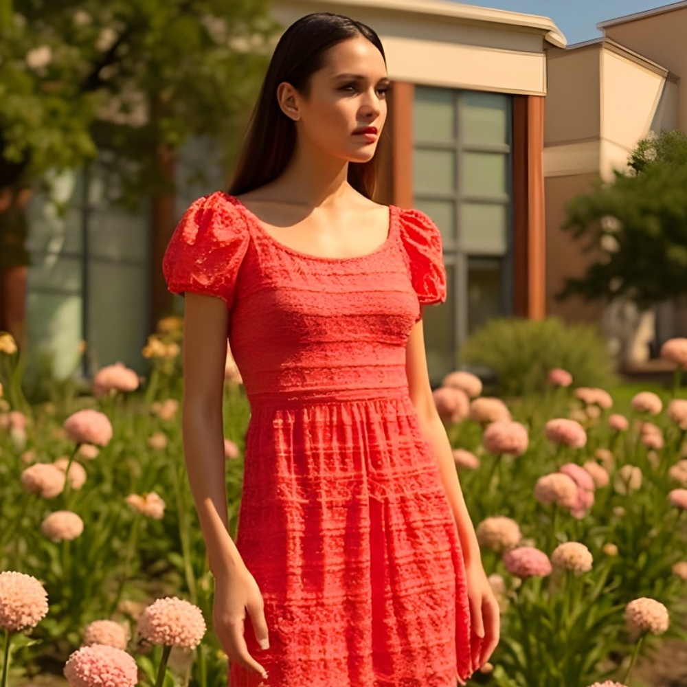Coral Lace Tiered Off-Shoulder Dress - Size S